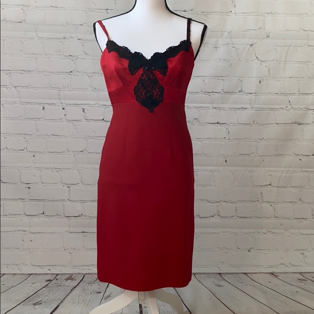 Red Charles Chang Lima Dress with Black Lace
